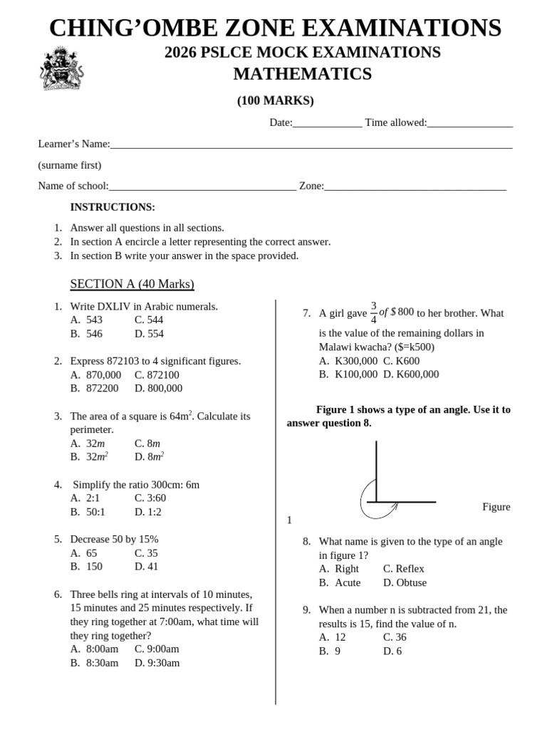 Mathematics Mock Ching'ombe | PDF | Area | Elementary Mathematics