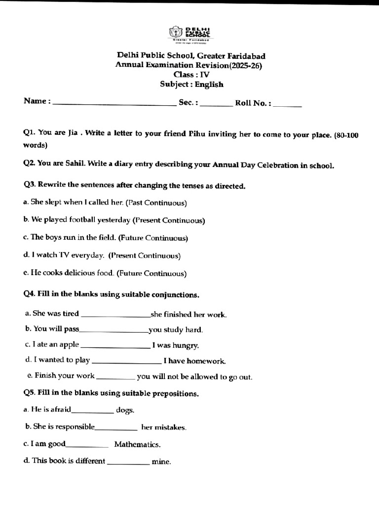 English Practice Worksheet Class 4 | PDF