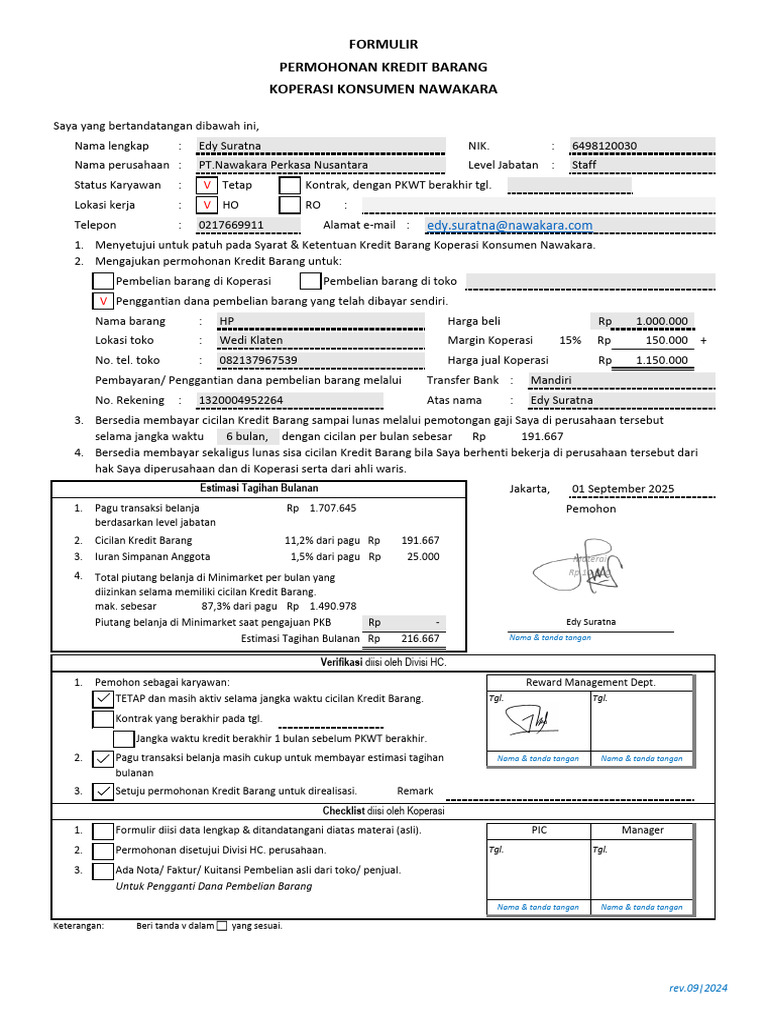 Form SK Kredit Barang 2025 Edy S | PDF