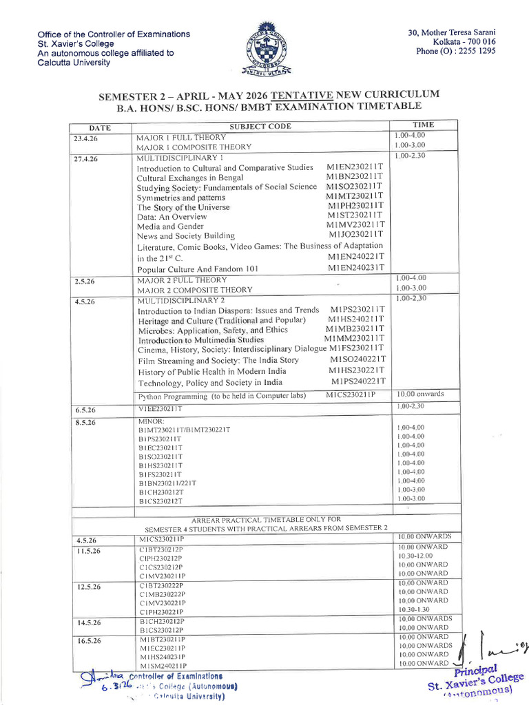 Ba BSC BMBT Even Sem Timetable Tentative | PDF