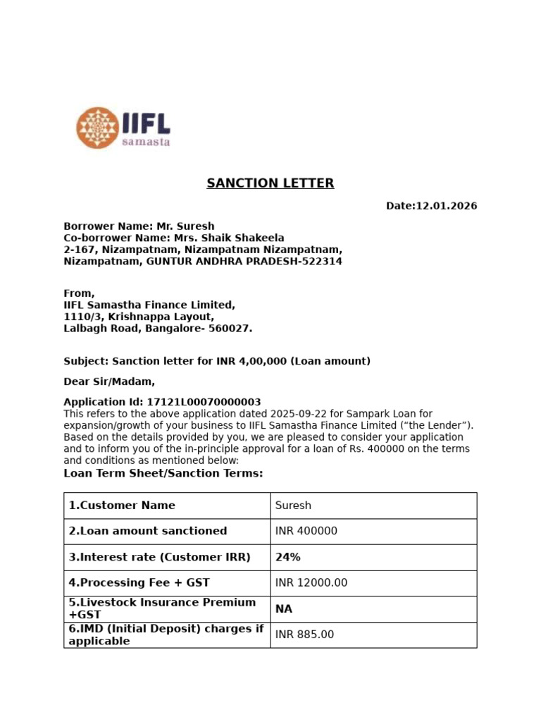 Sanction Letter IIFL | PDF | Loans | Interest