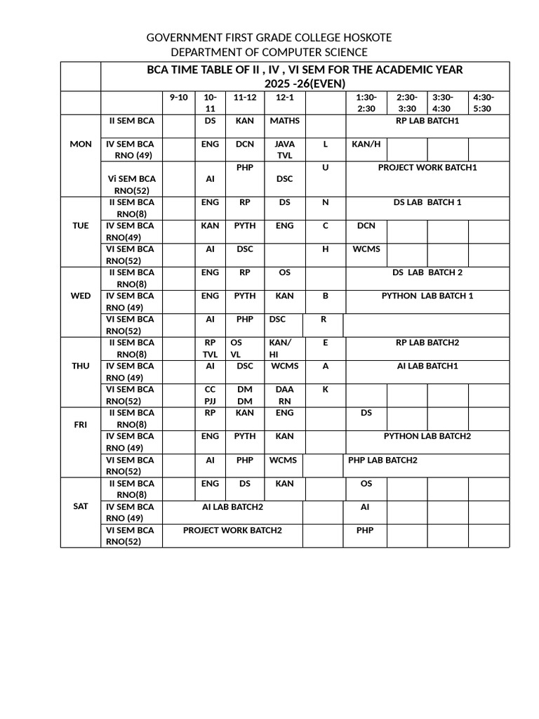 Bca Time Table of 2025 26 | PDF