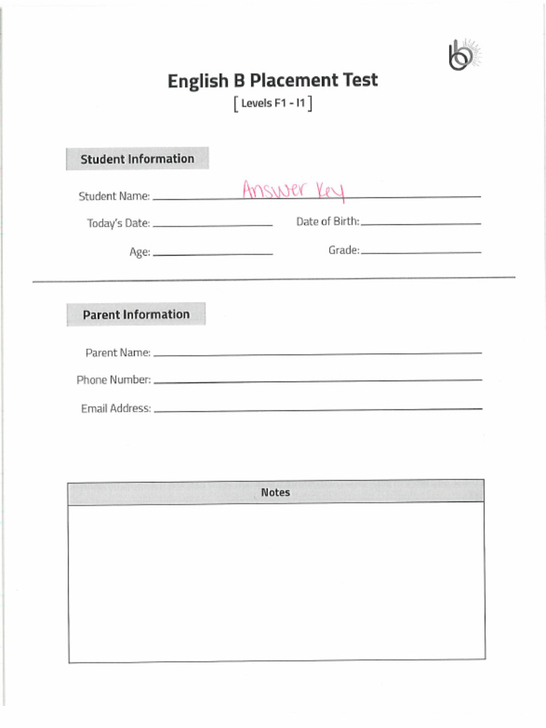 English B Placement Test Answer Key | PDF