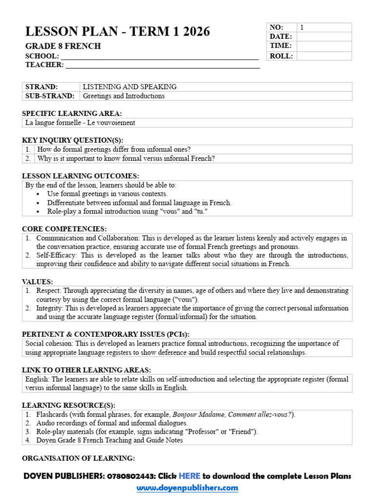 Grade 8 French Term 1 2026 Lesson Plans | PDF | Learning | Vocabulary