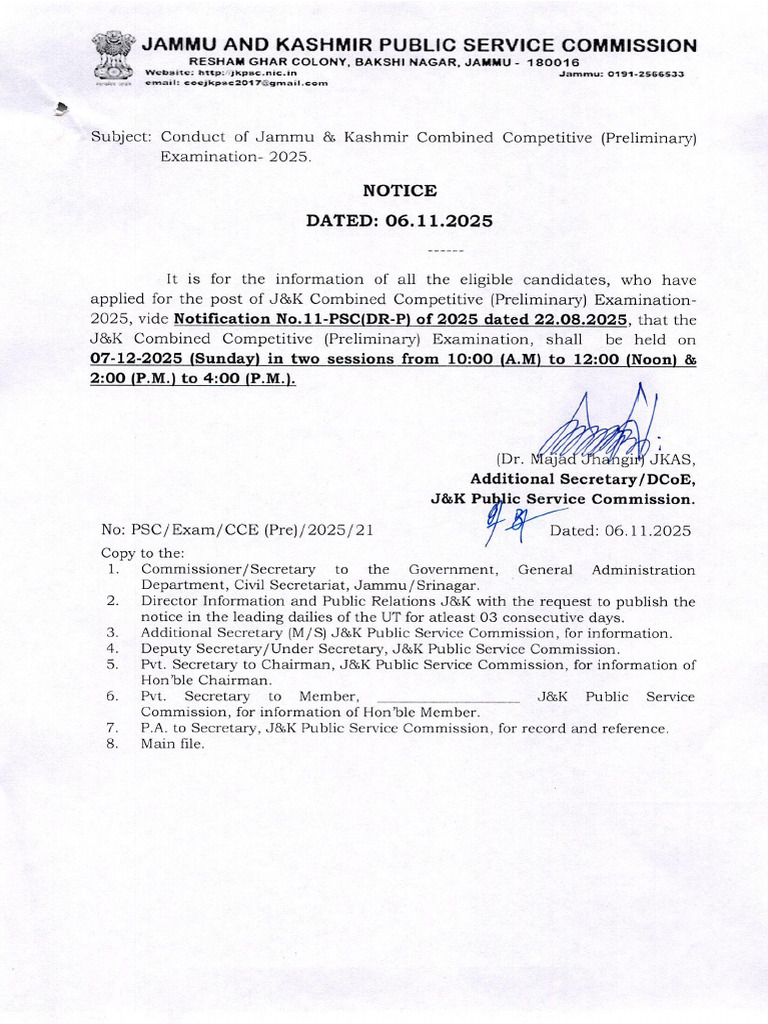 Notice Regarding Conduct of Jammu and Kashmir Combined Competitive ...