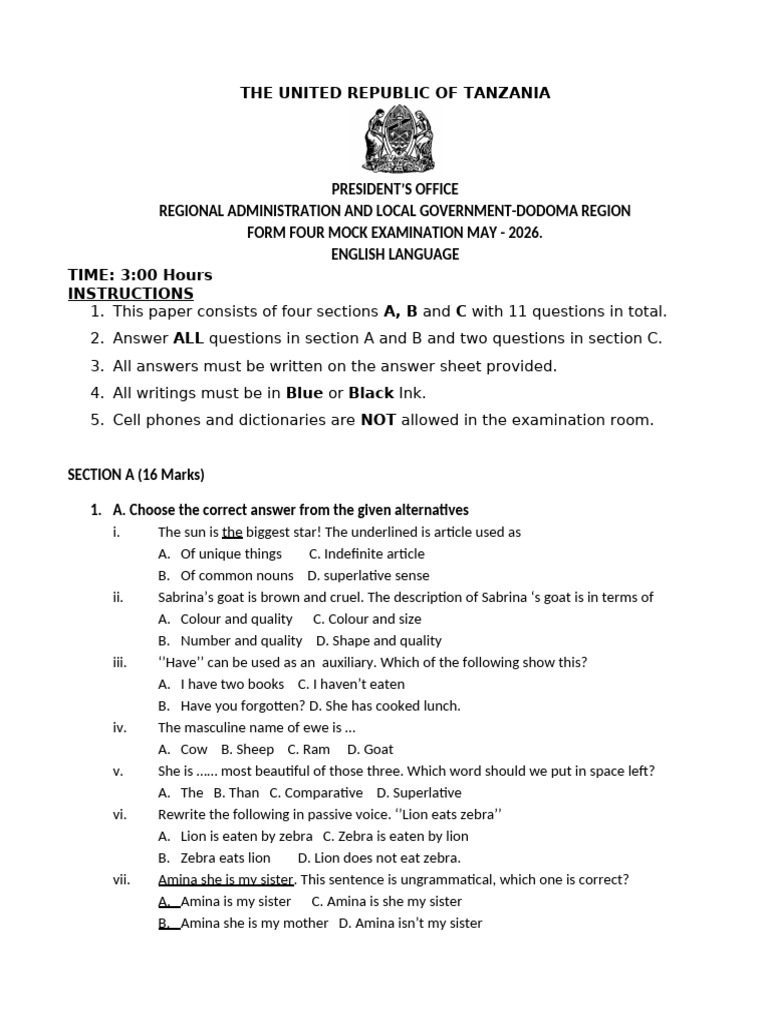 Form 4 Mock English Exam 2026 | PDF | Linguistics | Grammar