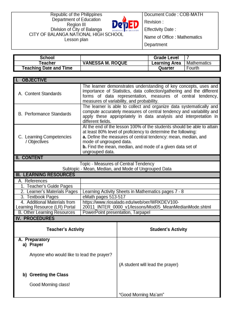 Lesson Plan Final Demo | PDF | Mode (Statistics) | Mean