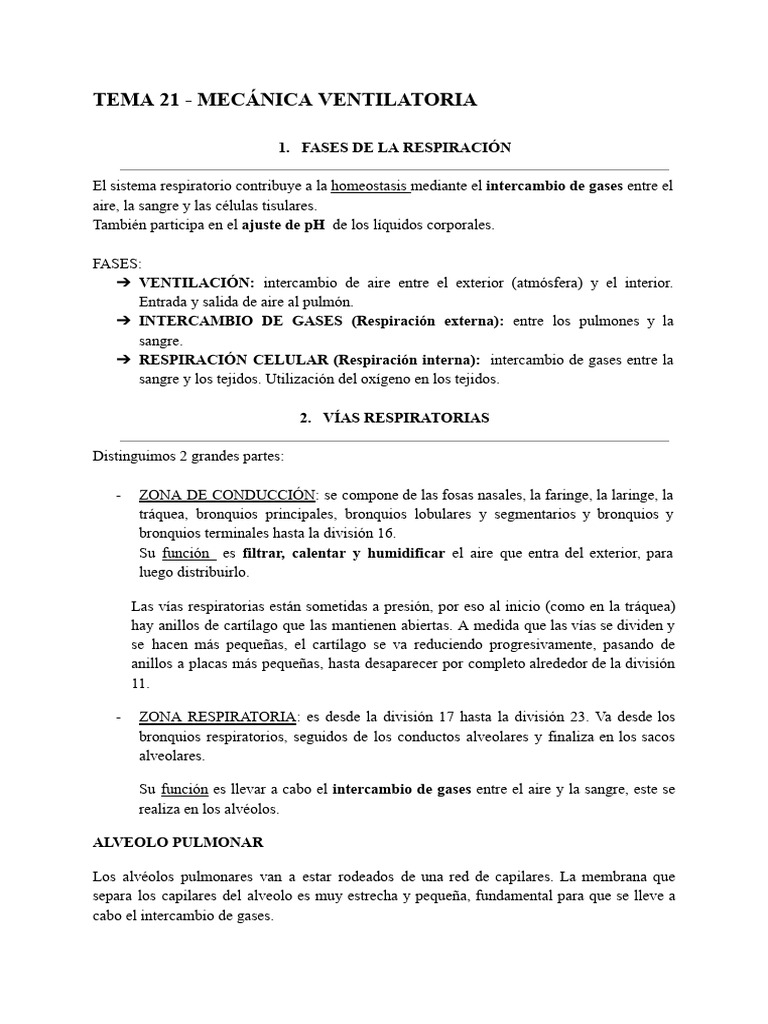 Tema 21 - Mecánica Ventilatoria | PDF | Pulmón | Sistema respiratorio