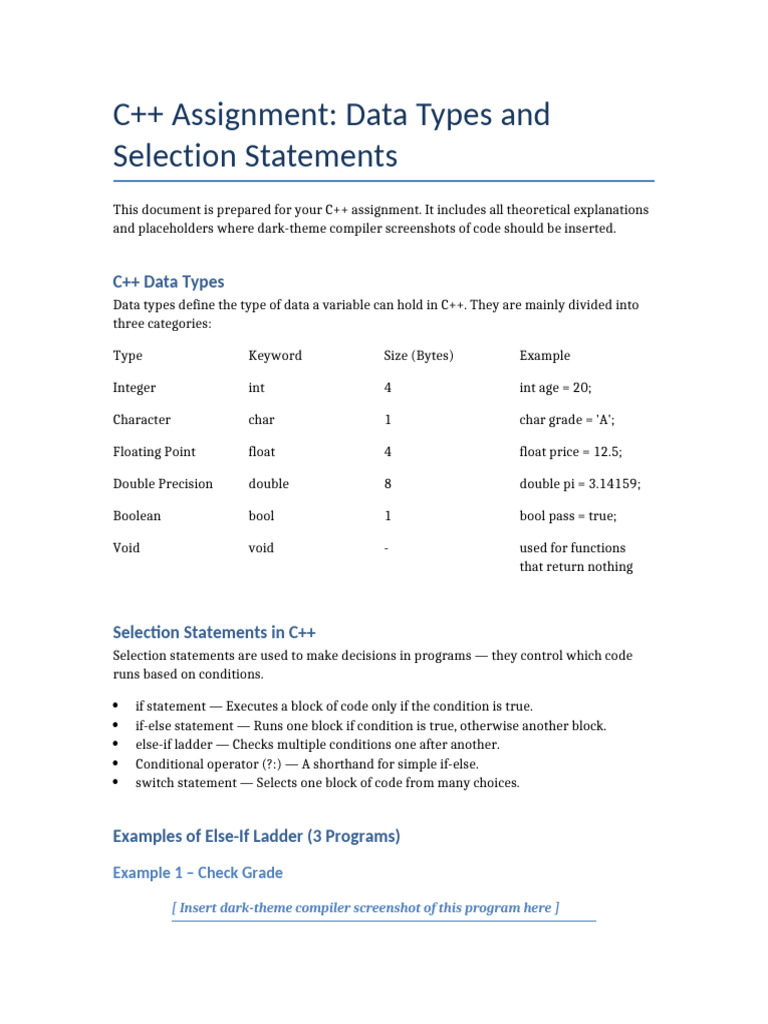 C++ Assignment Screenshot Placeholder | PDF | Boolean Data Type | Data Type