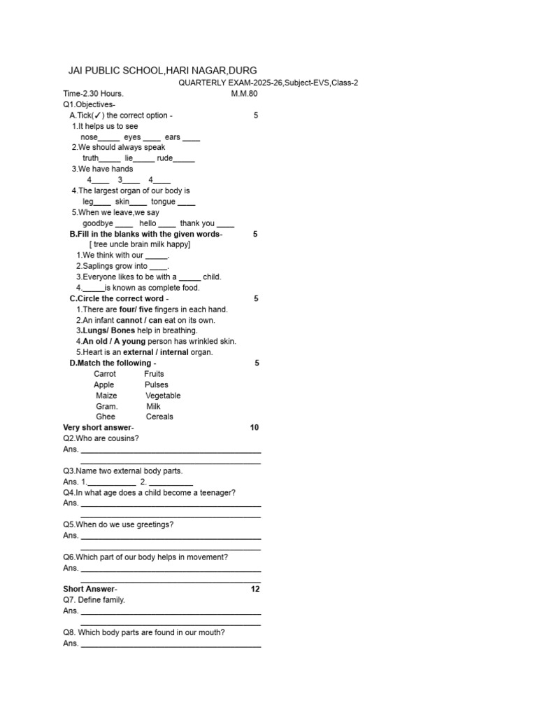 Question Paper of Class 2 | PDF