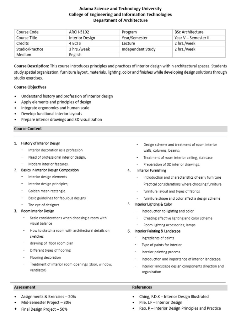 Interior Design Course Outline-2026 | PDF | Interior Design | Lighting