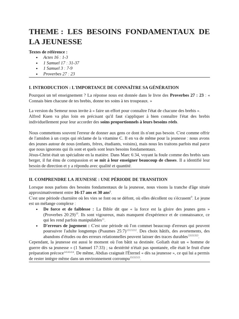 Les Besoins Fondamentaux Ou Essentiels de La Jeunesse | PDF | Paul l ...