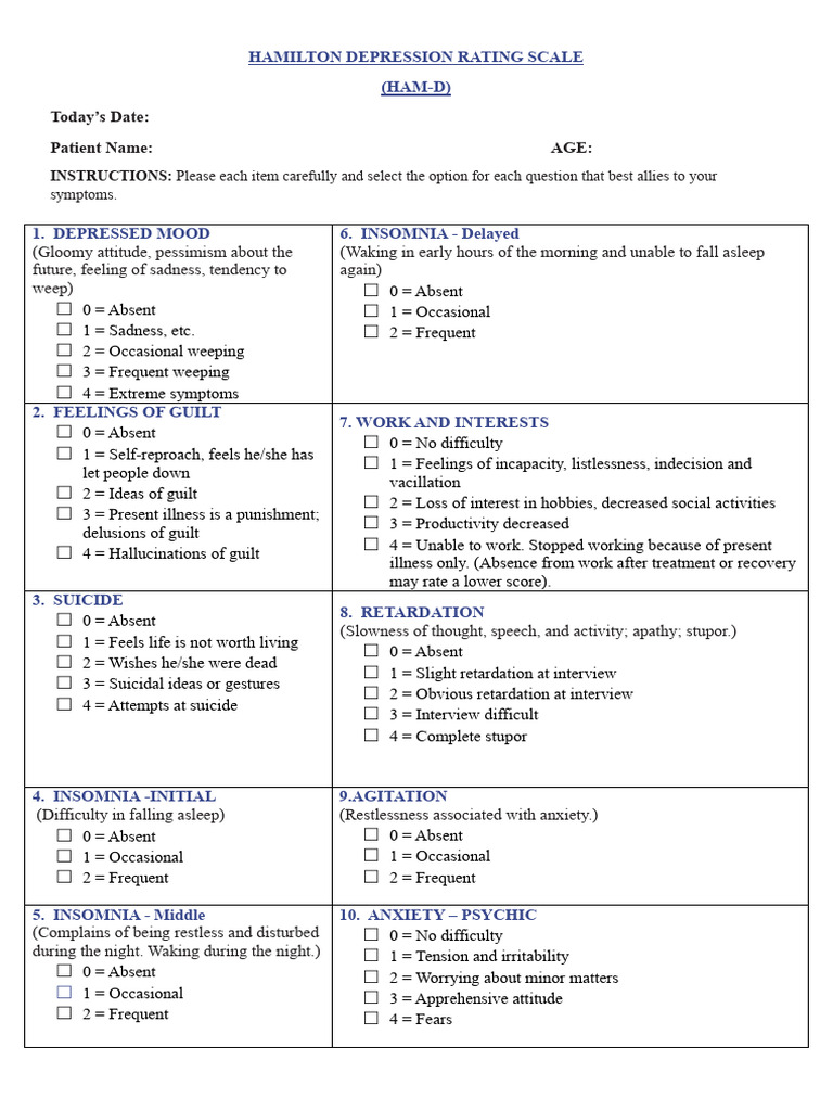 Hamilton Depression Rating Scale | PDF | Major Depressive Disorder ...