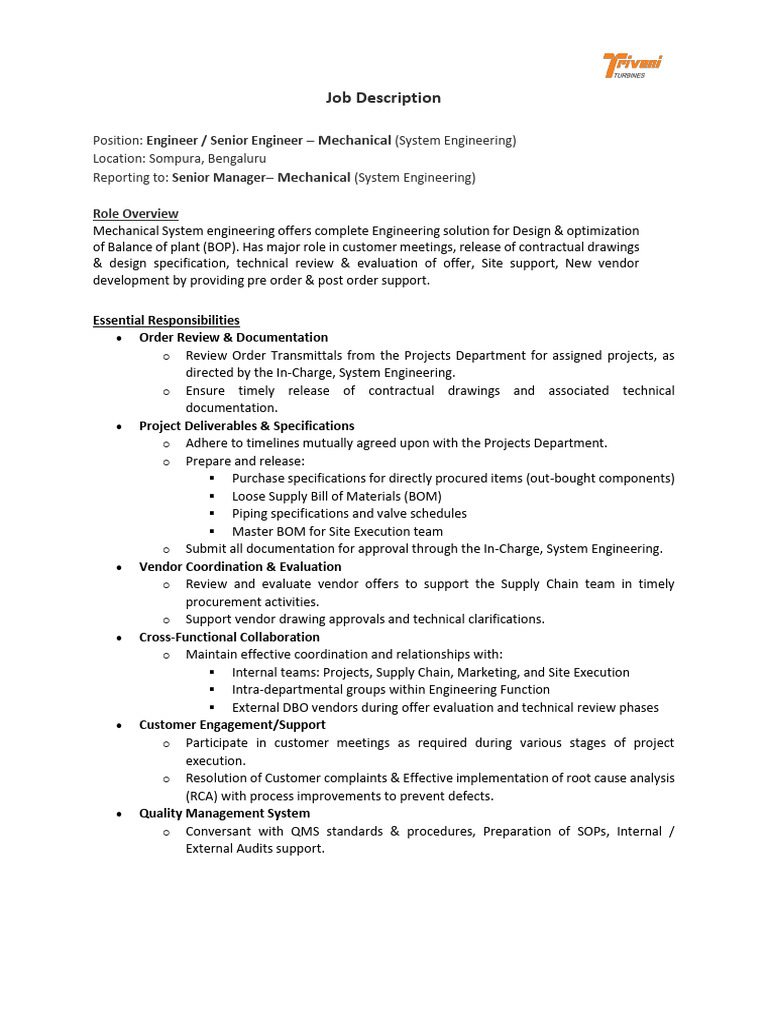Job Description - Design System Mechanical Engineer | PDF ...