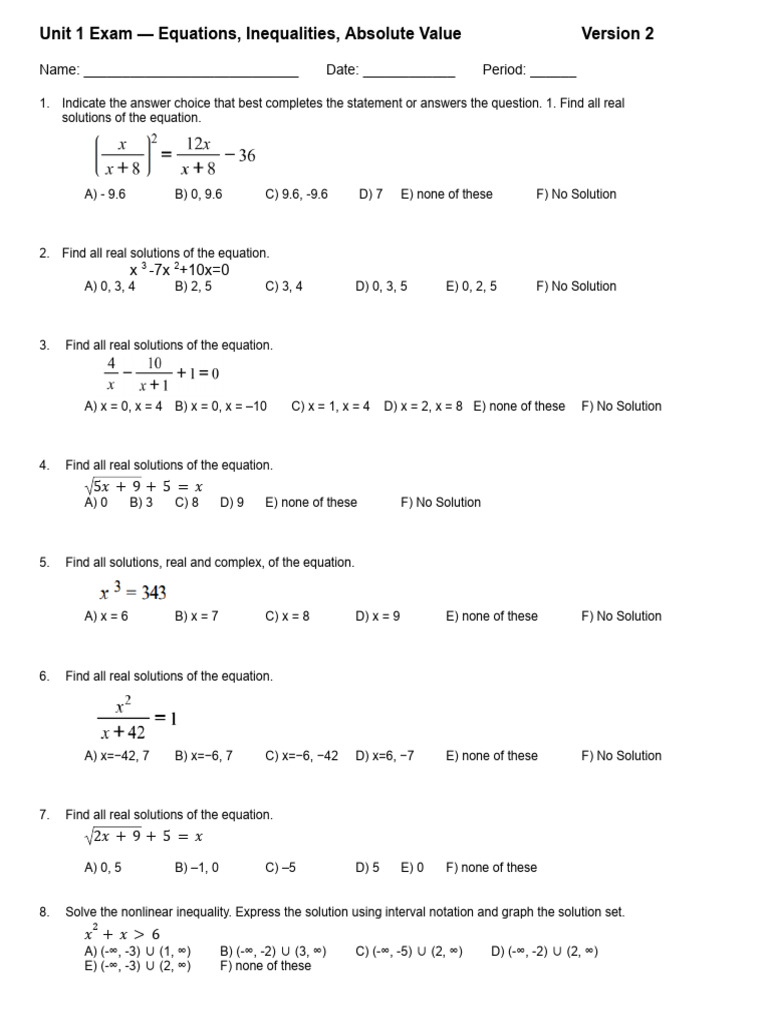 Algebra 3 Unit 1 Exam - Version 2 | PDF | Equations | Chess Theory