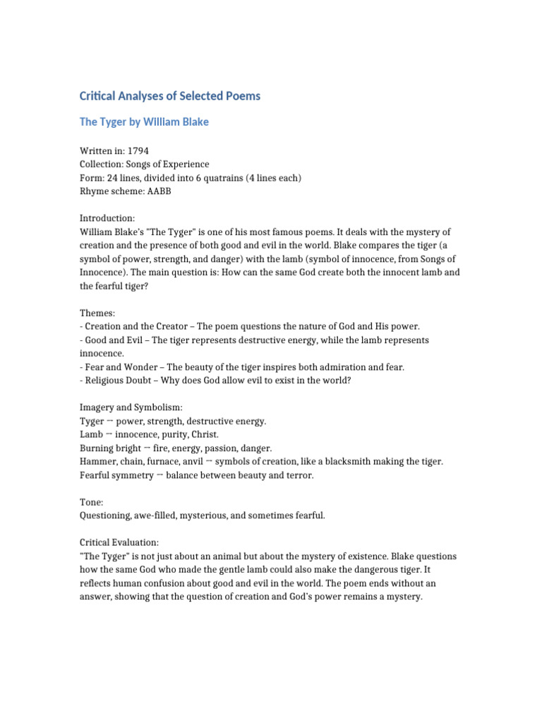 Critical Analyses of Selected Poems | PDF