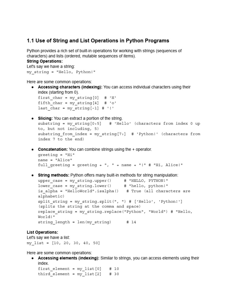 1.1 Use of String and - Listoperations in Python - P... | PDF | String ...