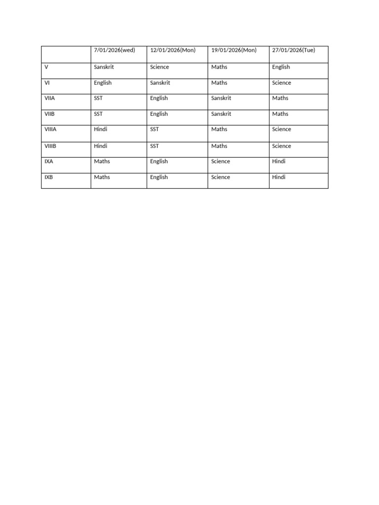 Monday Test Schedule (Jan-2026) | PDF