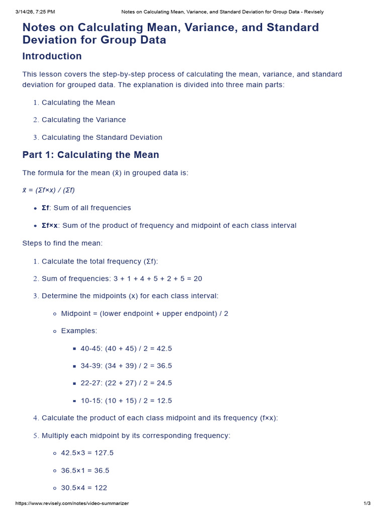 Notes On Calculating Mean, Variance, and Standard Deviation For Group ...