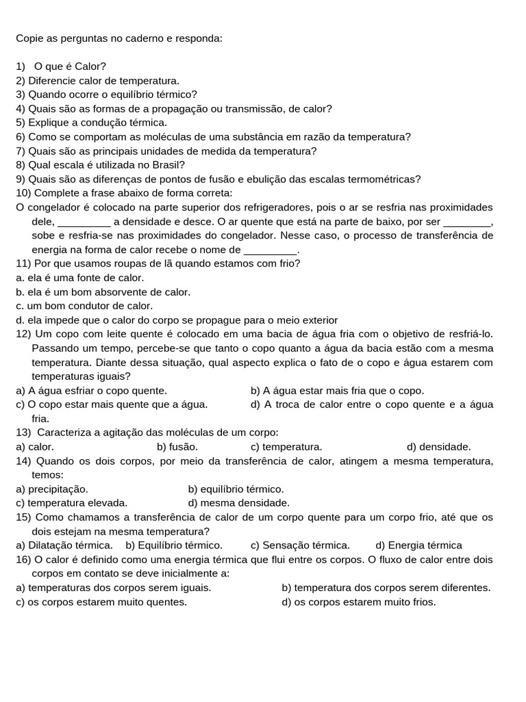 Calor e Temperatura - Exercícios | PDF | Calor | Temperatura