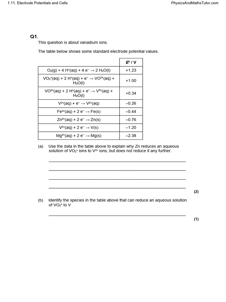 Electrode Potentials and Cells QP | PDF | Magnesium | Electrode