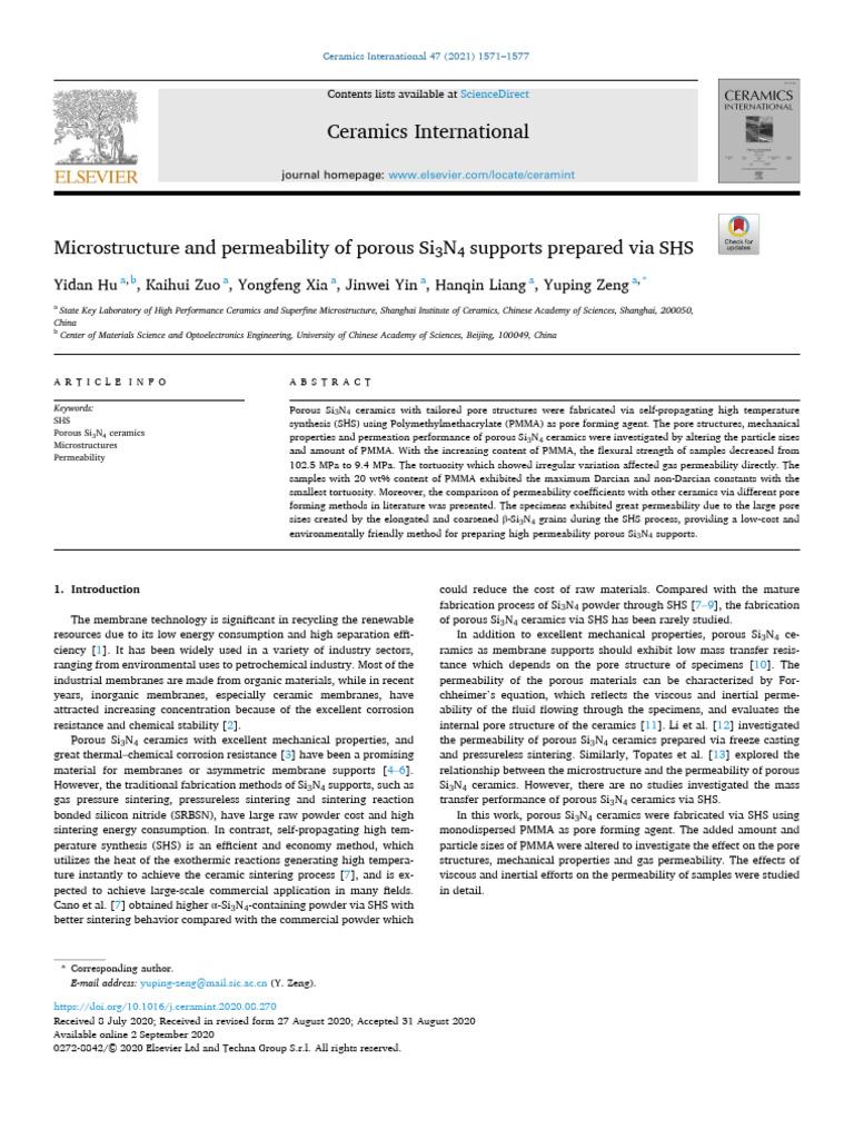 Microstructure and Permeability of Porous Si3N4 Supports Prepared Via ...