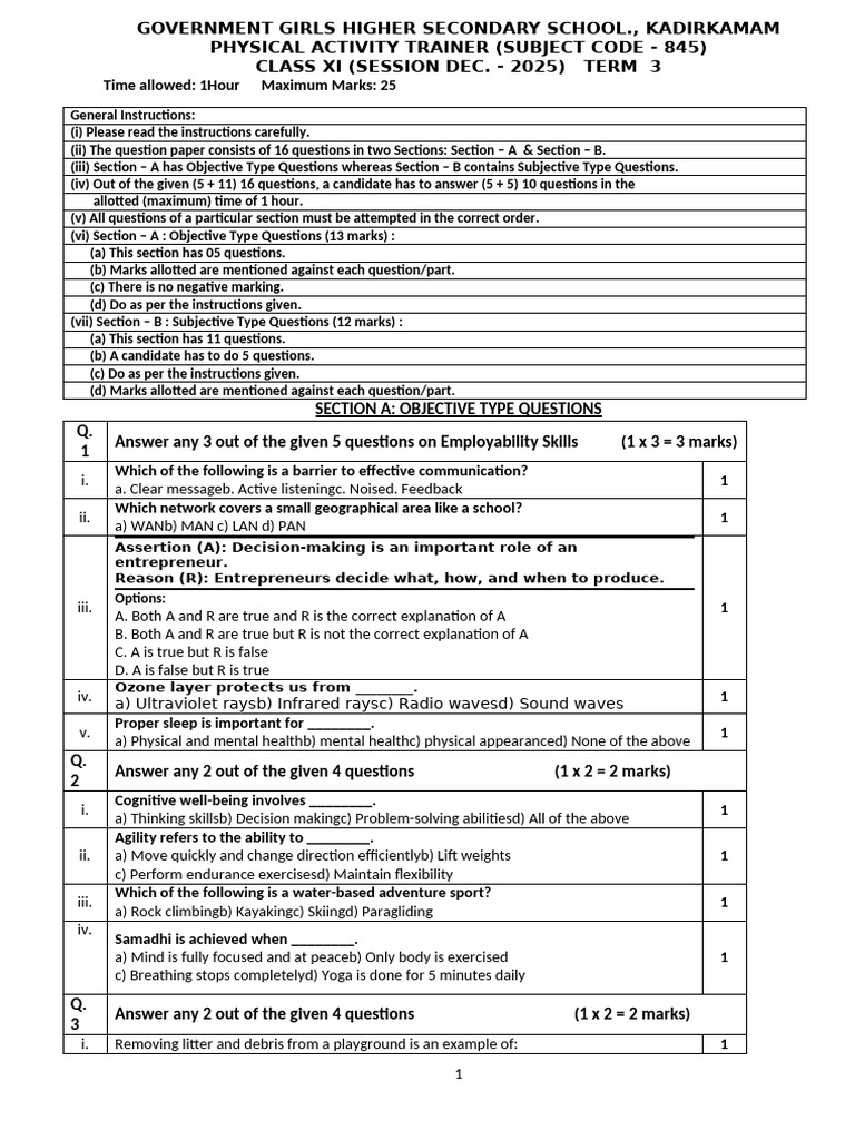 11th Class PAT PT 3 Question Paper 2025-2026 | PDF | Physical Fitness ...
