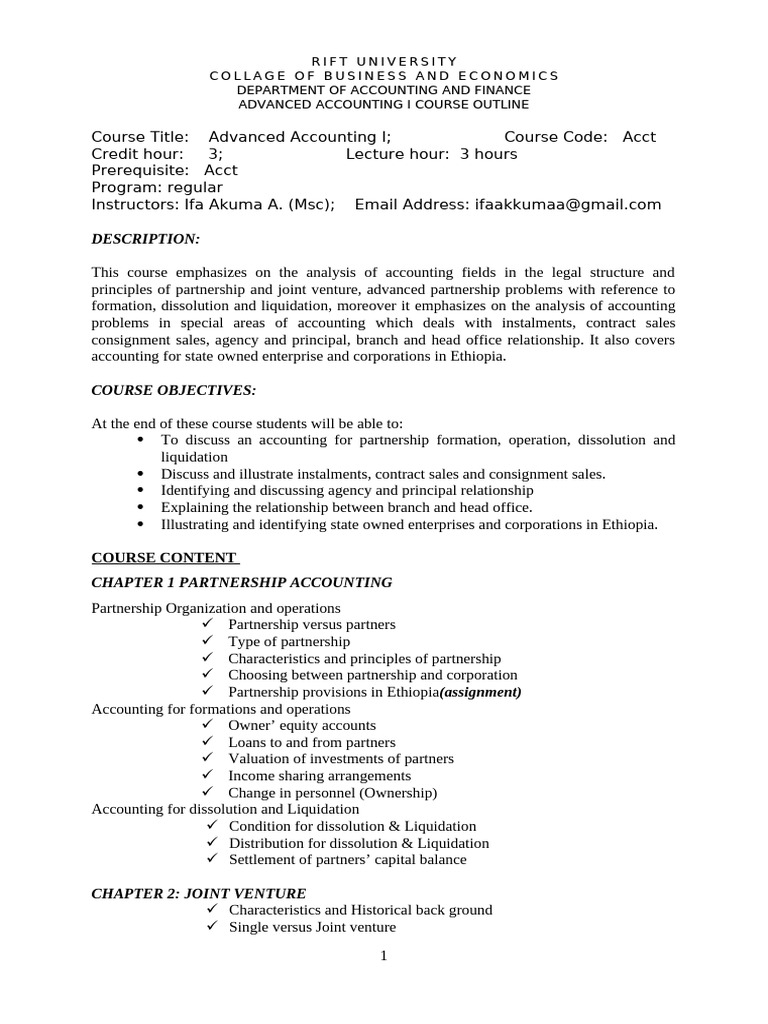 Adfa 1 Course Outline | PDF | Partnership | Accounting