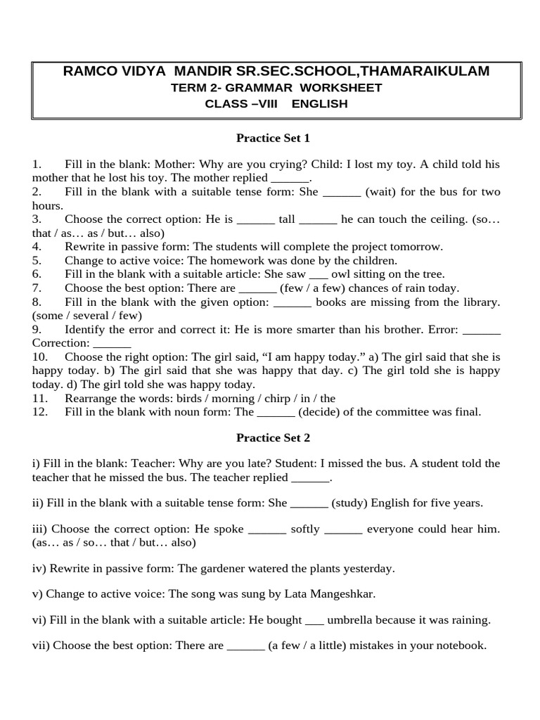 Class - 8 - Term - 2 - Worksheeet - Revision - 061049 Science | PDF ...