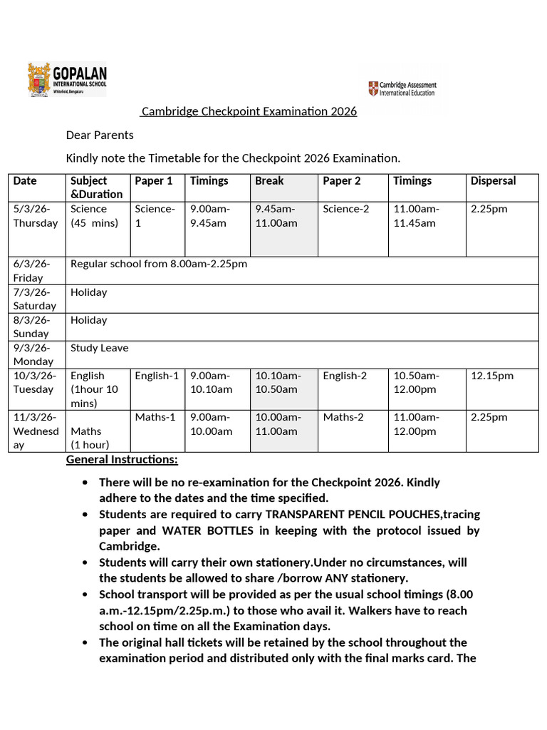 Cambridge Checkpoint Examination 2026 Dear Parents Kindly Note The ...