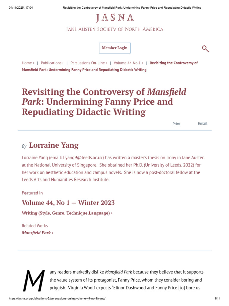 Revisiting The Controversy of Mansfield Park - Undermining Fanny Price ...