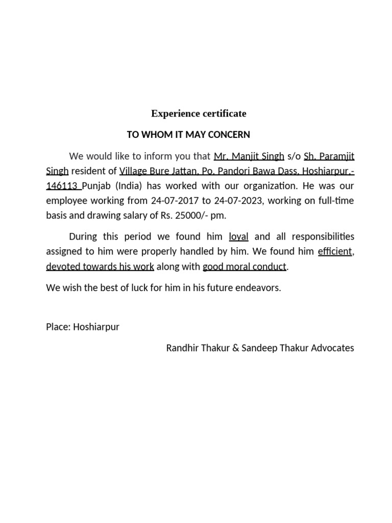 Exp Letter MAnjit | PDF