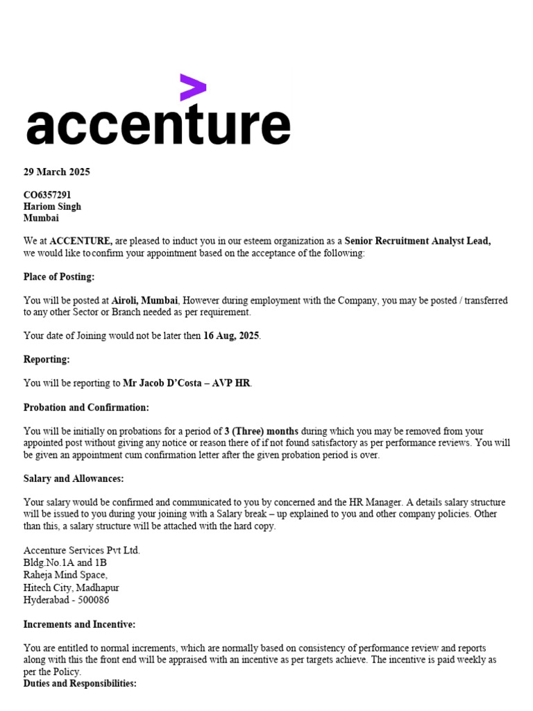 Accenture - Offer Letter 2 | PDF | Employment | Business