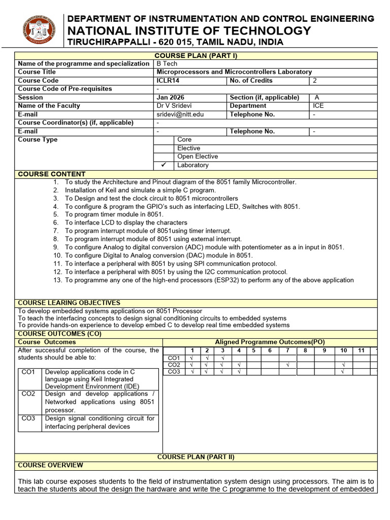 Courseplan ICLR14 MPMC Lab Jan 2026 Session | PDF | Microcontroller ...