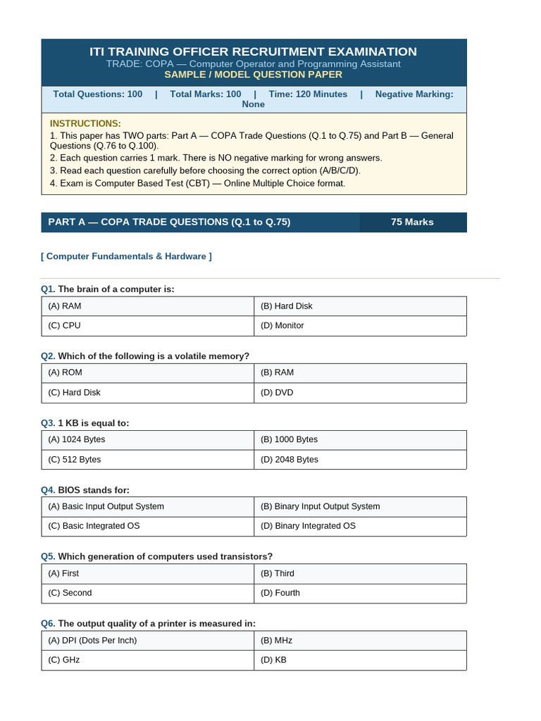 ITI COPA Training Officer Sample Paper | PDF | Databases | Microsoft Excel