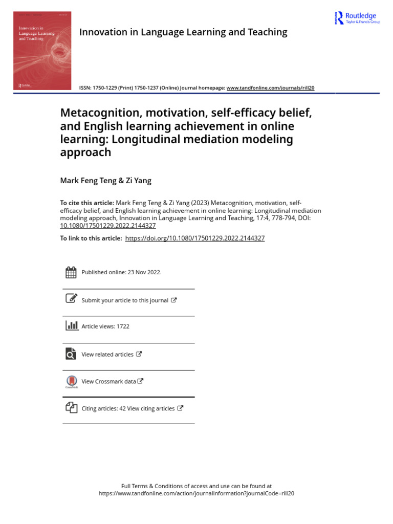 Metacognition Motivation Self-Efficacy Belief and English Learning ...