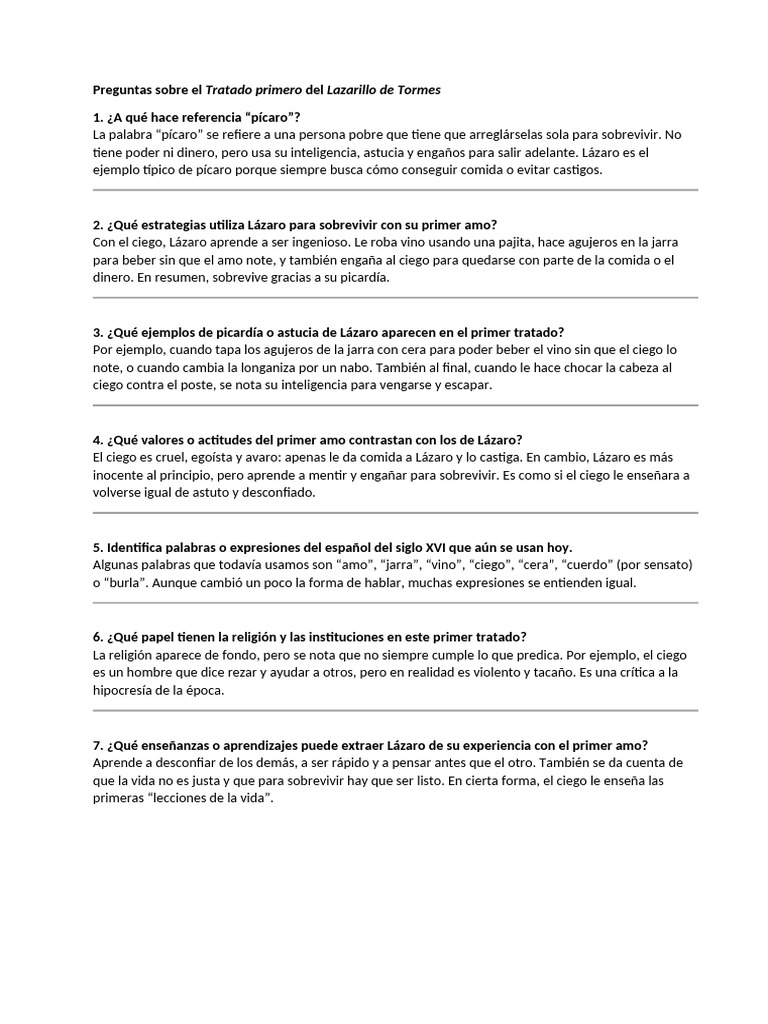 Preguntas Sobre El Tratado Primero Del Lazarillo de Tormes | PDF