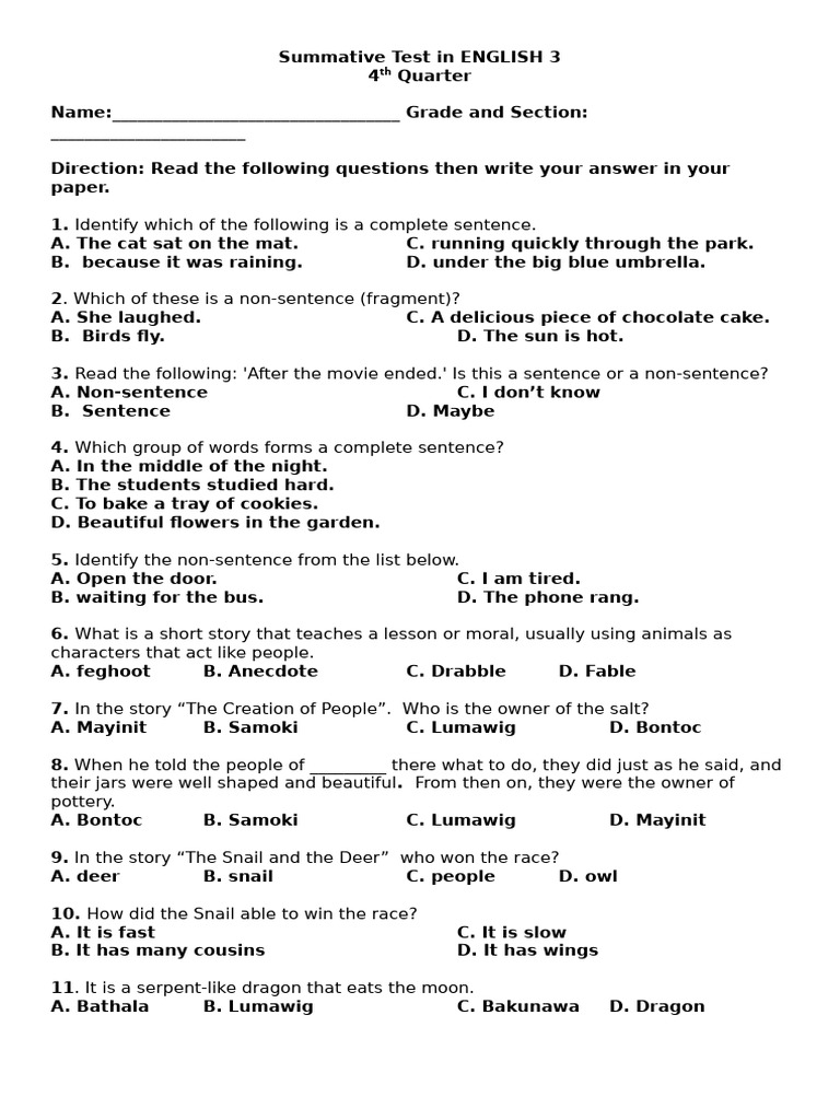 Summative Test in ENGLISH 3 Fourth Quarter #1 | PDF | Courage