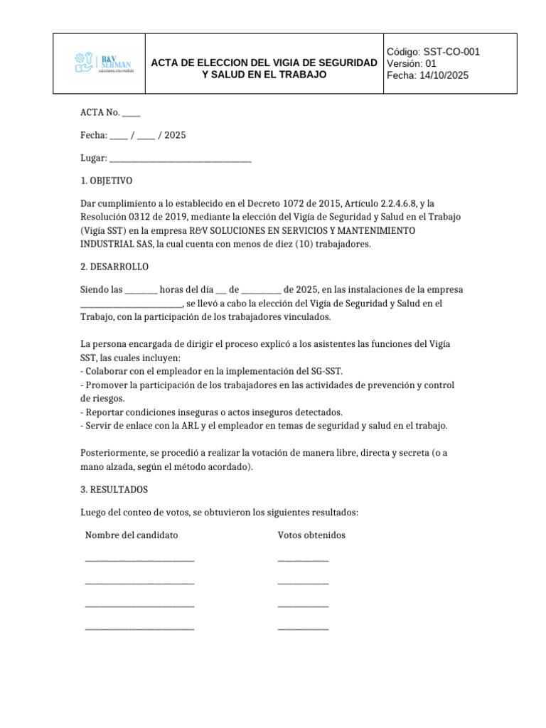Sst-Co-001 Acta de Elecccion Vigia SST | PDF | Gobierno