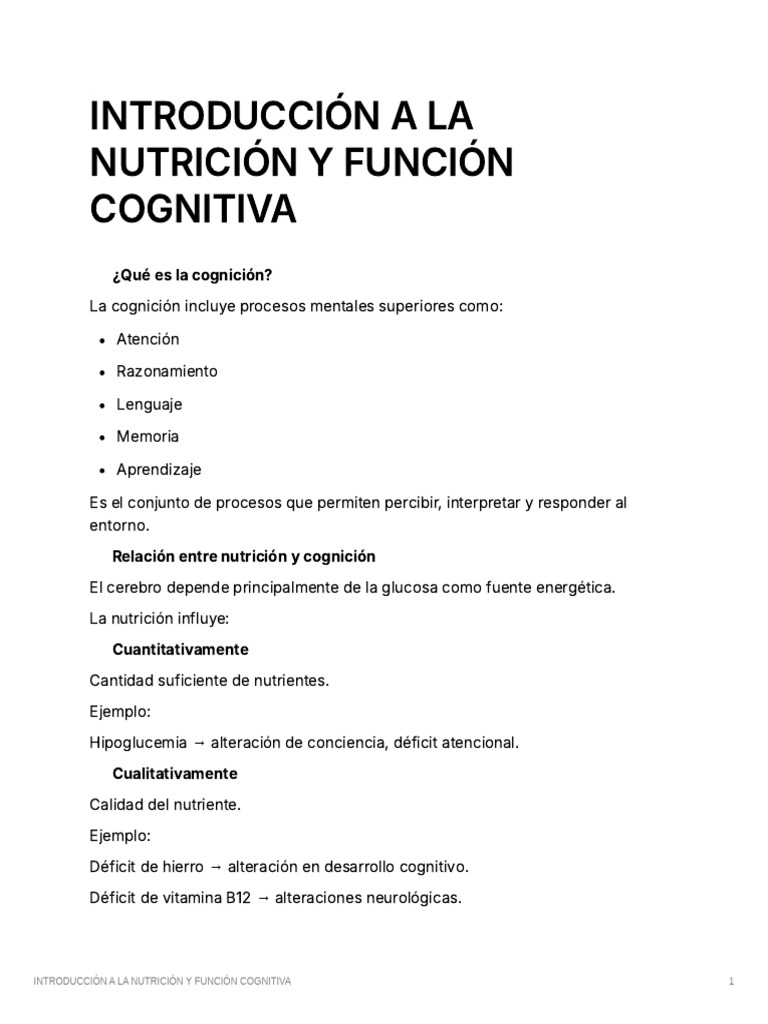 Introduccin A La Nutricin y Funcin Cognitiva | PDF
