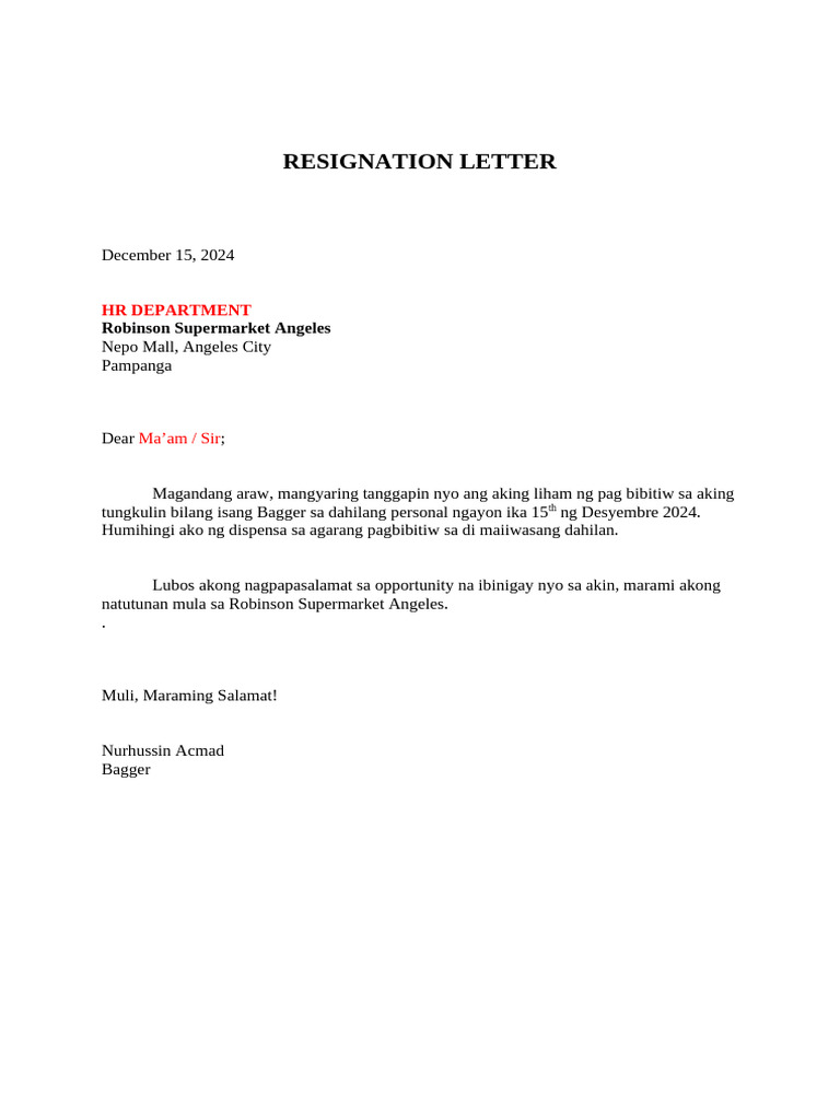 Resignation Letter Tagalog | PDF