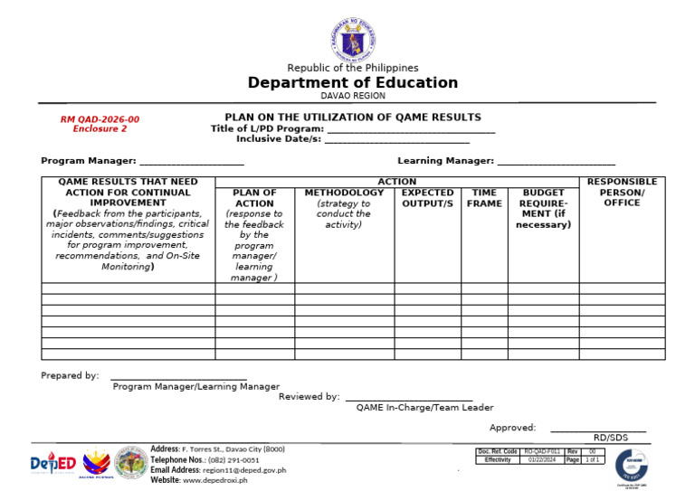 f011 Plan On The Utilization of Qame Results 1 | PDF