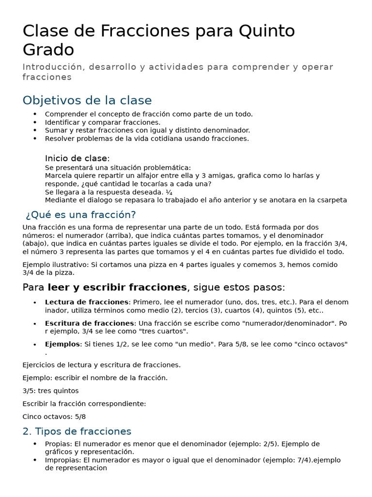 Clase de Fracciones para Quinto Grado | PDF | Matemáticas discretas ...