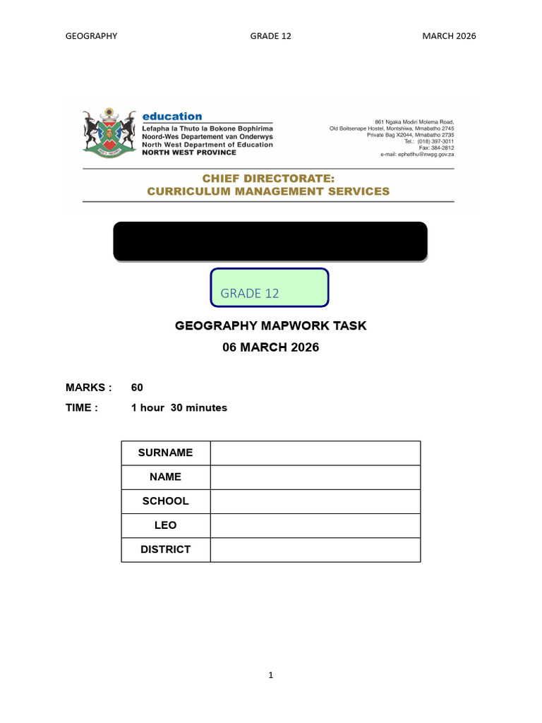 Grade 12 Mapwork Task 2026 | PDF | Geography | Earth Sciences