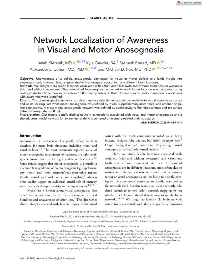 Network Localization of Awareness in Visual and Motor Anosognosia ...