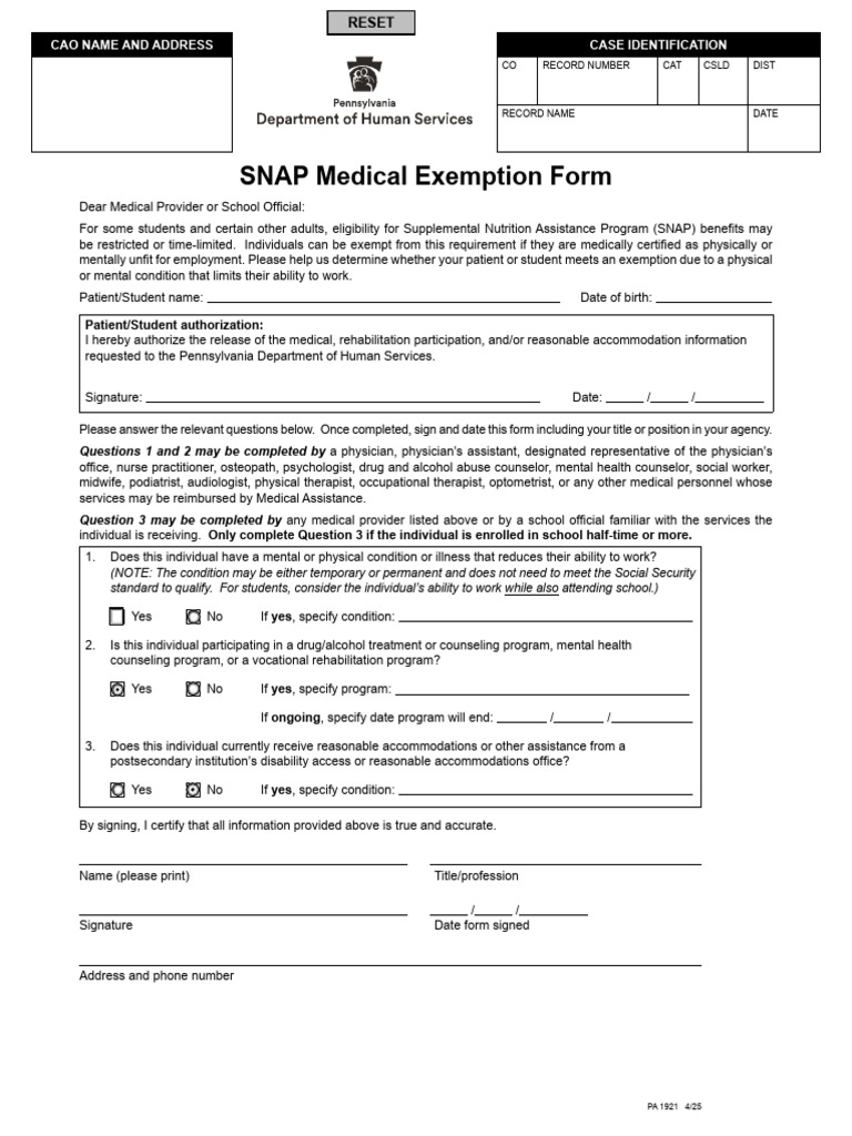 Pa 1921 Snap Medical Exemption Form | PDF | Physical Therapy | Mental ...