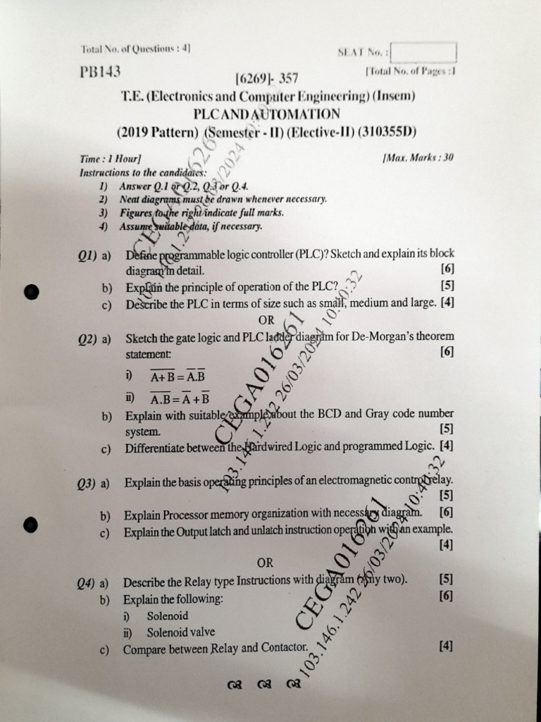 PLCA InSem Question Paper - 2024 | PDF | Programmable Logic Controller ...