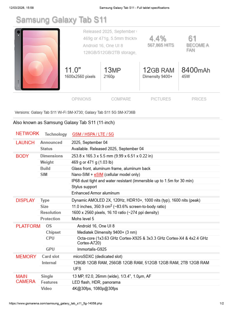 Samsung Galaxy Tab S11 - Full Tablet Specifications | PDF | Tablet ...