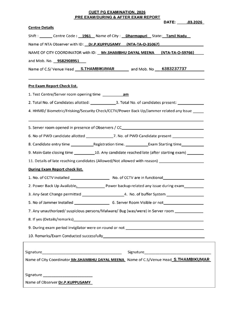 Pre During After Exam Check List Form | PDF