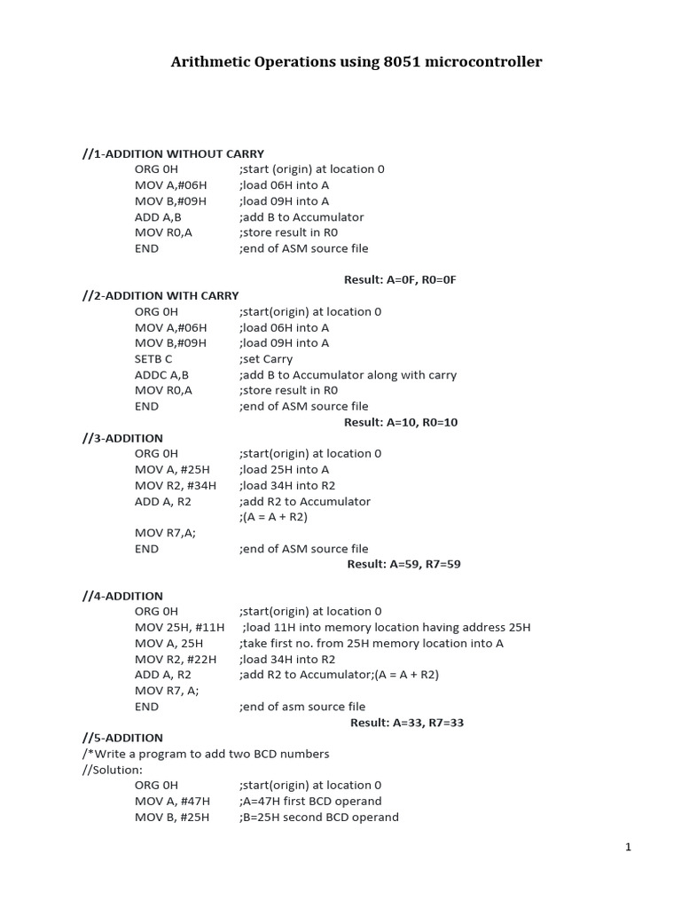 Arithmetic, Logical and Manipulation Operations Using 8051 | PDF ...